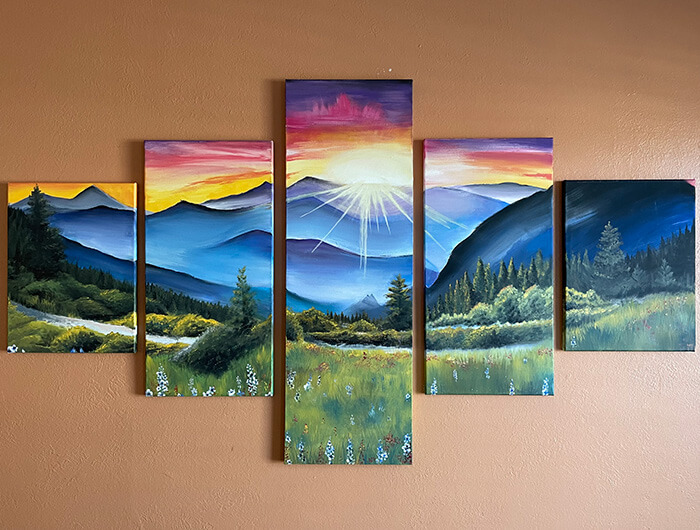 set of pictures of sun over mountains