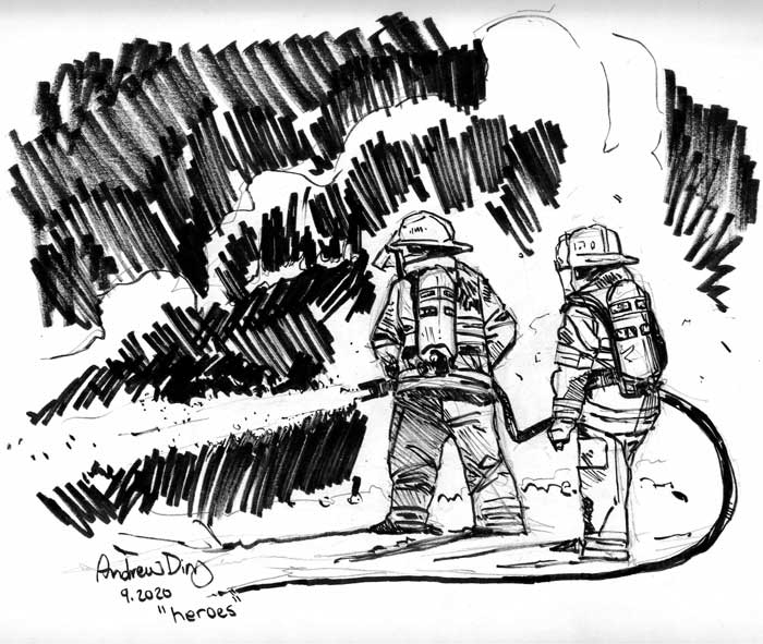 black and white art of firefighters