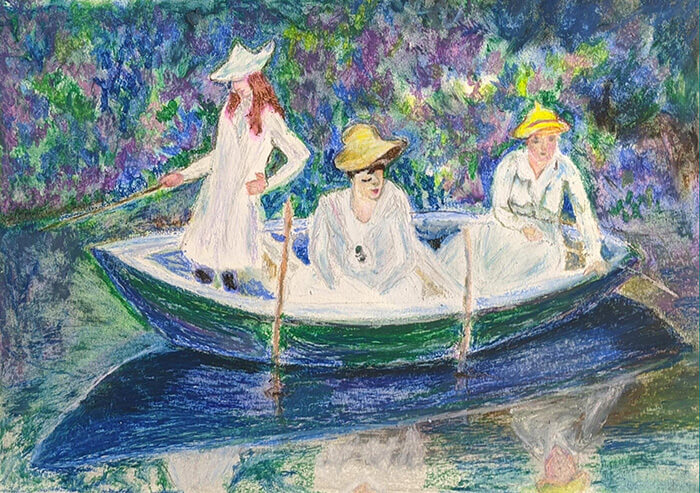 painting of 3 women in a boat