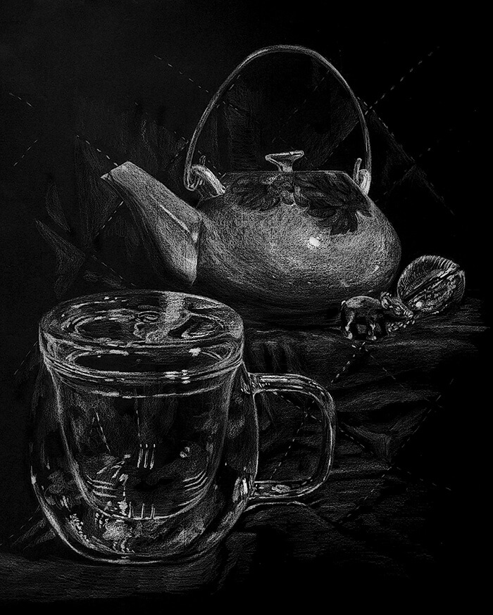 black and white drawing of pot and cup