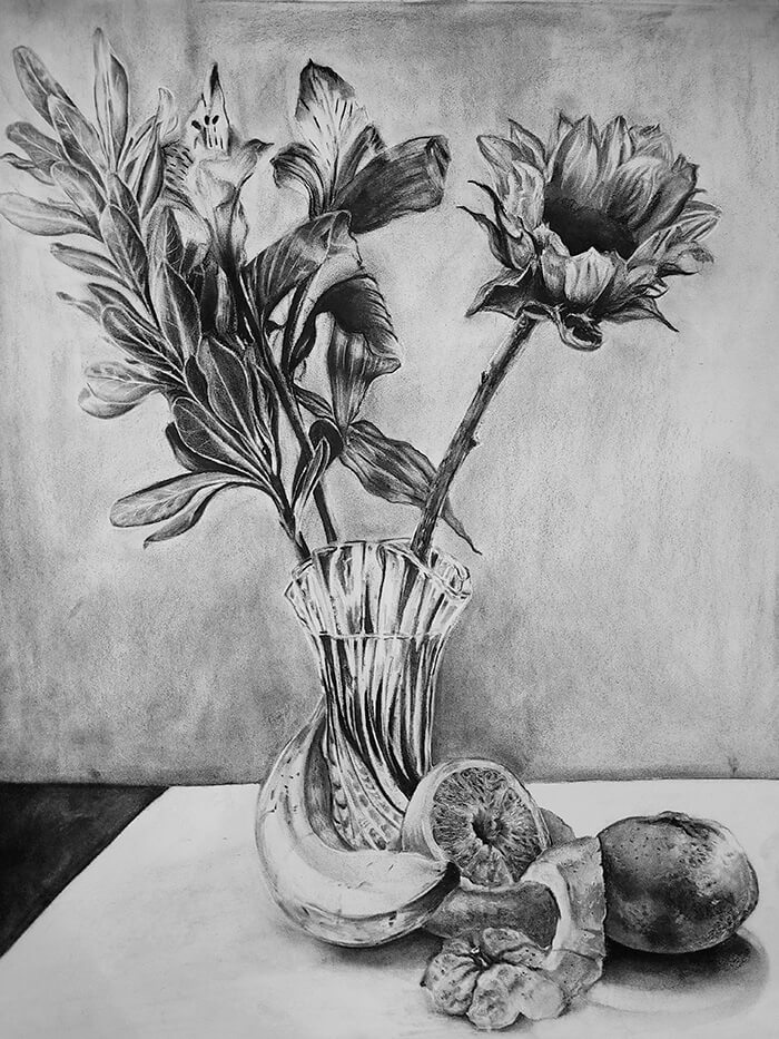 black and white drawing flowers in a pot