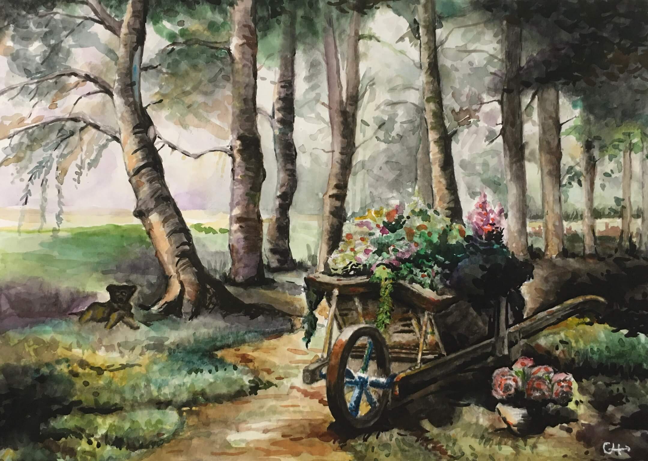 A painting by Luke Chih-hsuan of a path leading through the woods.