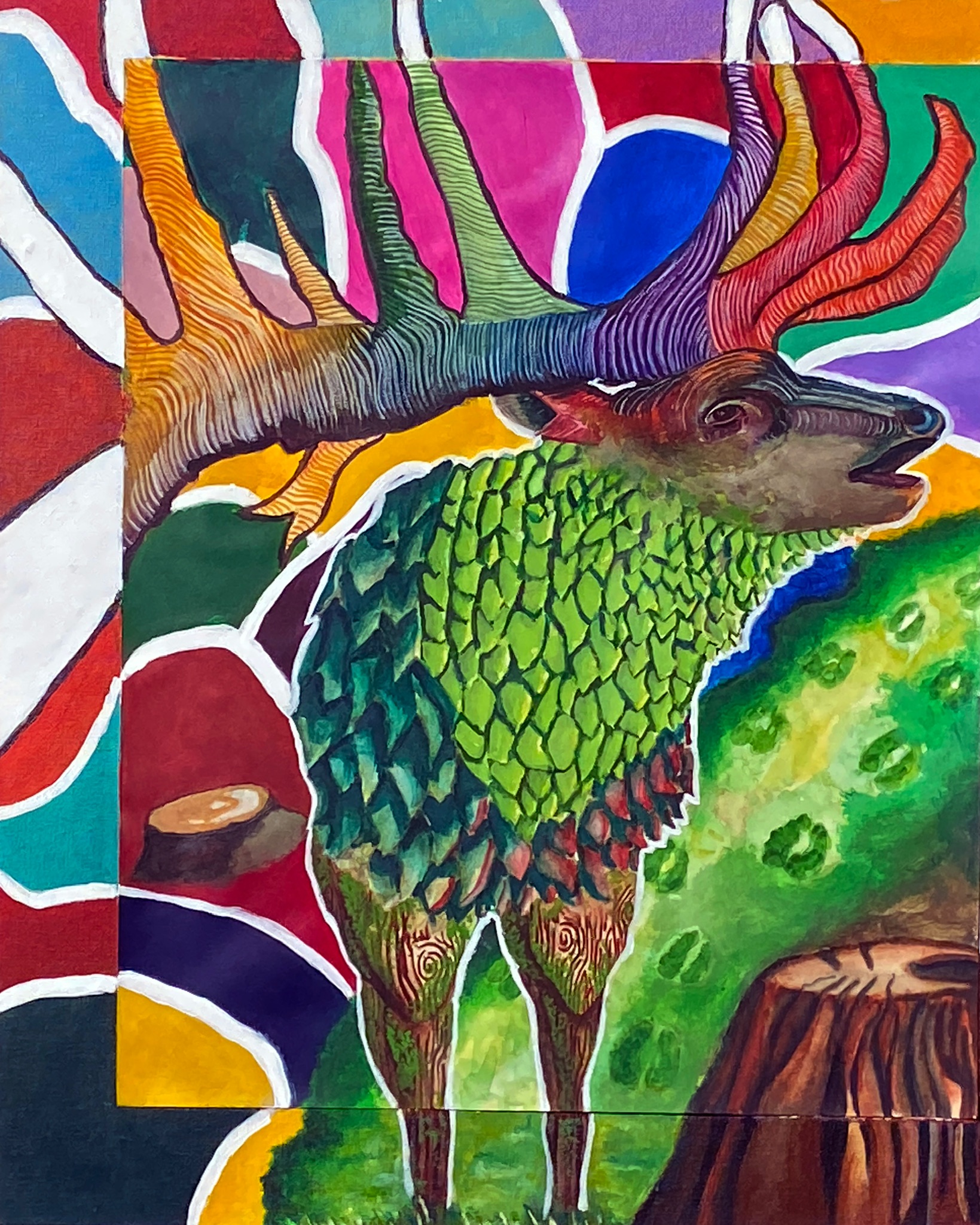 "Elk" a colorful mult-texture visual piece of artwork.