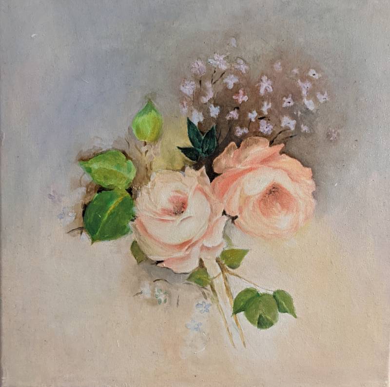 "Roses" an oil painting of light pink roses with green/yellow leaves and brown stems. Cherry blossoms appear the background.