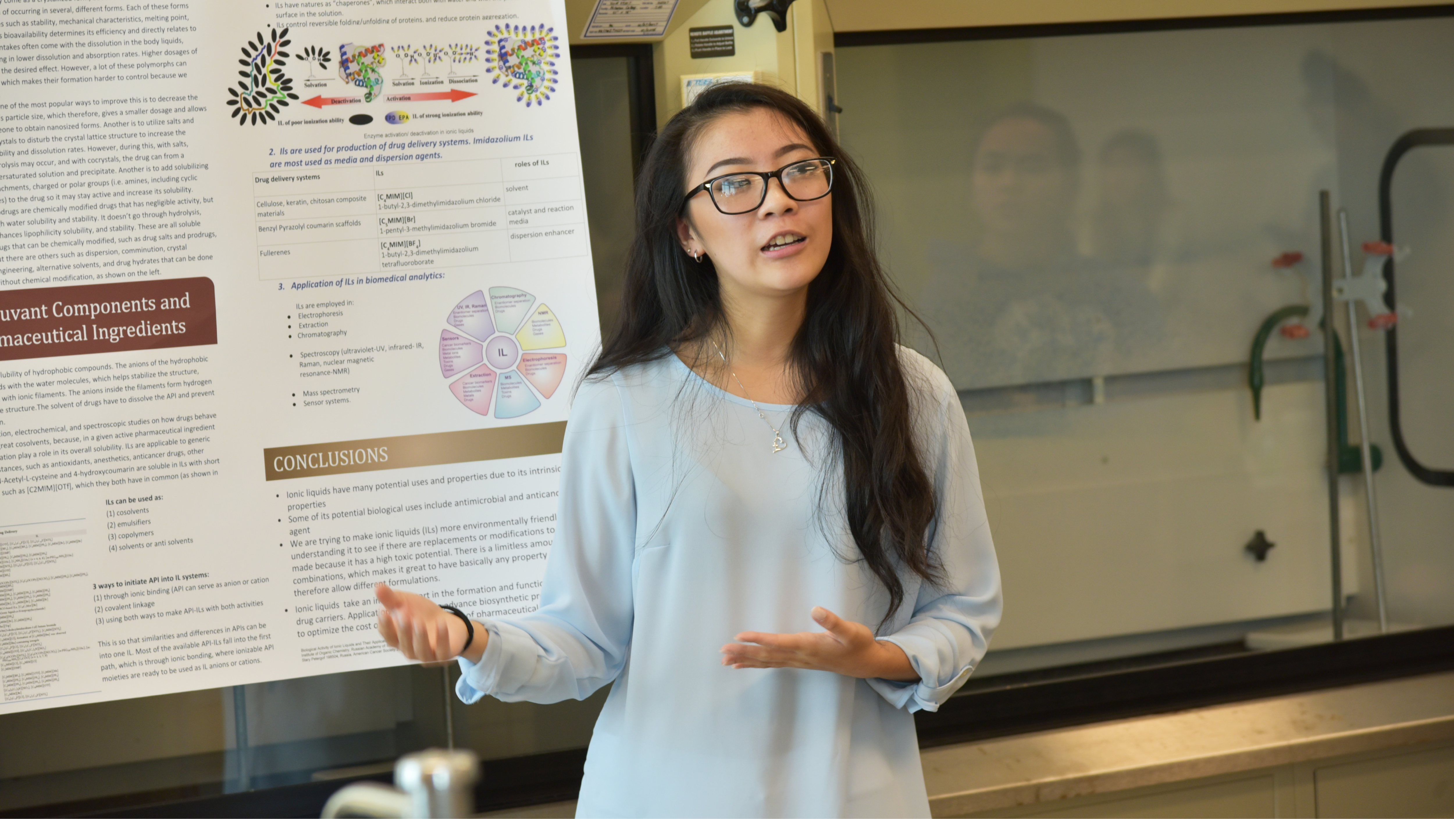 A female student in glasses presenting a pharmaceutical chemistry research poster.