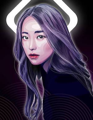 Yujia Xing artwork. Image is of a young woman of Asian descent against a dark background. Her long purple hair flows around her.