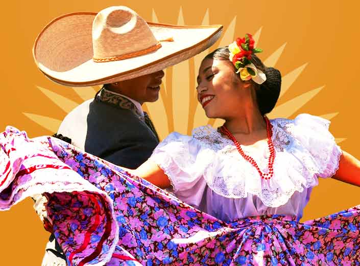 Two Spanish dancers, a man and woman, in traditional attire against a bright gold background.