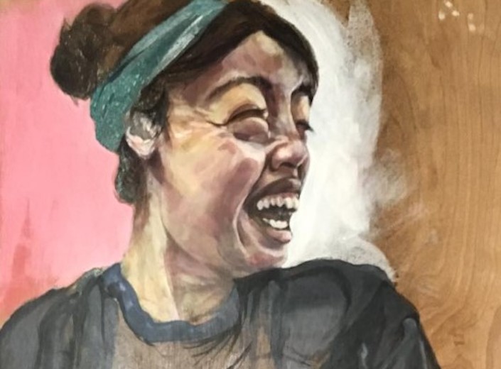 Faculty exhibit - "2D or Not 2B". Paining of a woman laughing with her mouth open wide in oil paint.