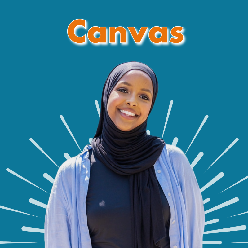 Canvas. Young woman in headscarf poses in front of the word "Canvas"  against teal background.