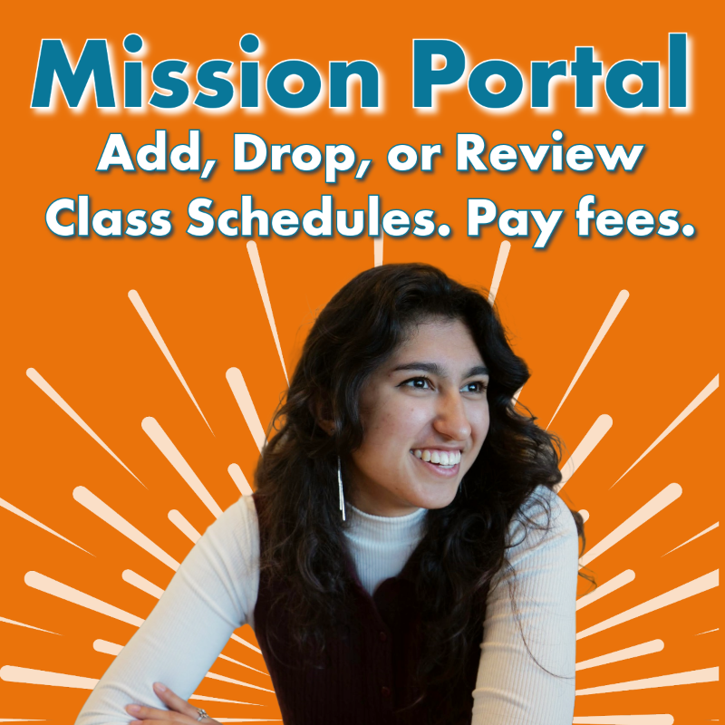 My Mission Portal. Female student of Middle-Eastern descent smiles in front of large text that reads "Mission Portal".