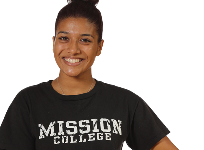 Latinx female student in black Mission College TShirt.