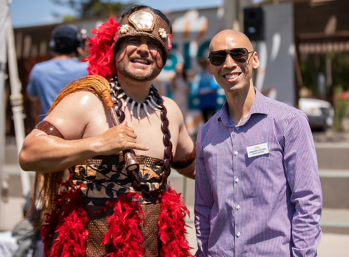 Tongan dancer poses with Steve Duong.