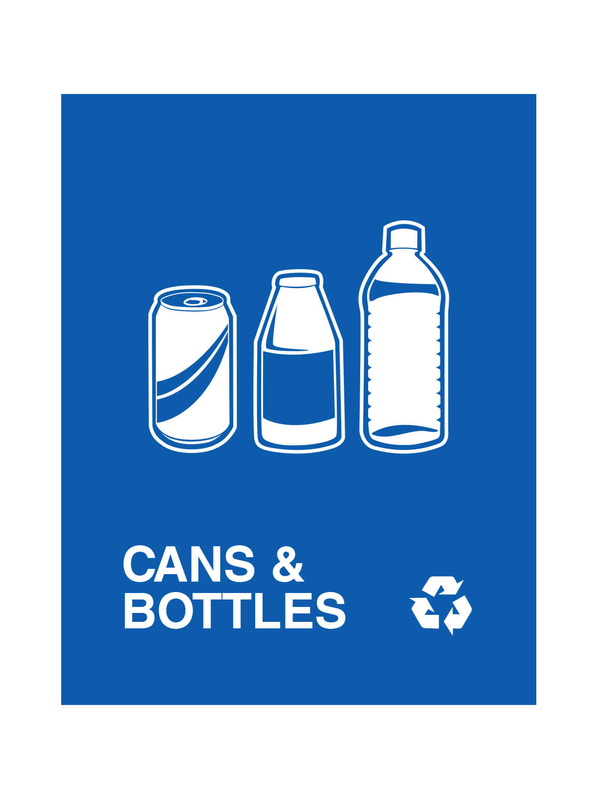 Cans and bottles illustration in white against a royal blue background.