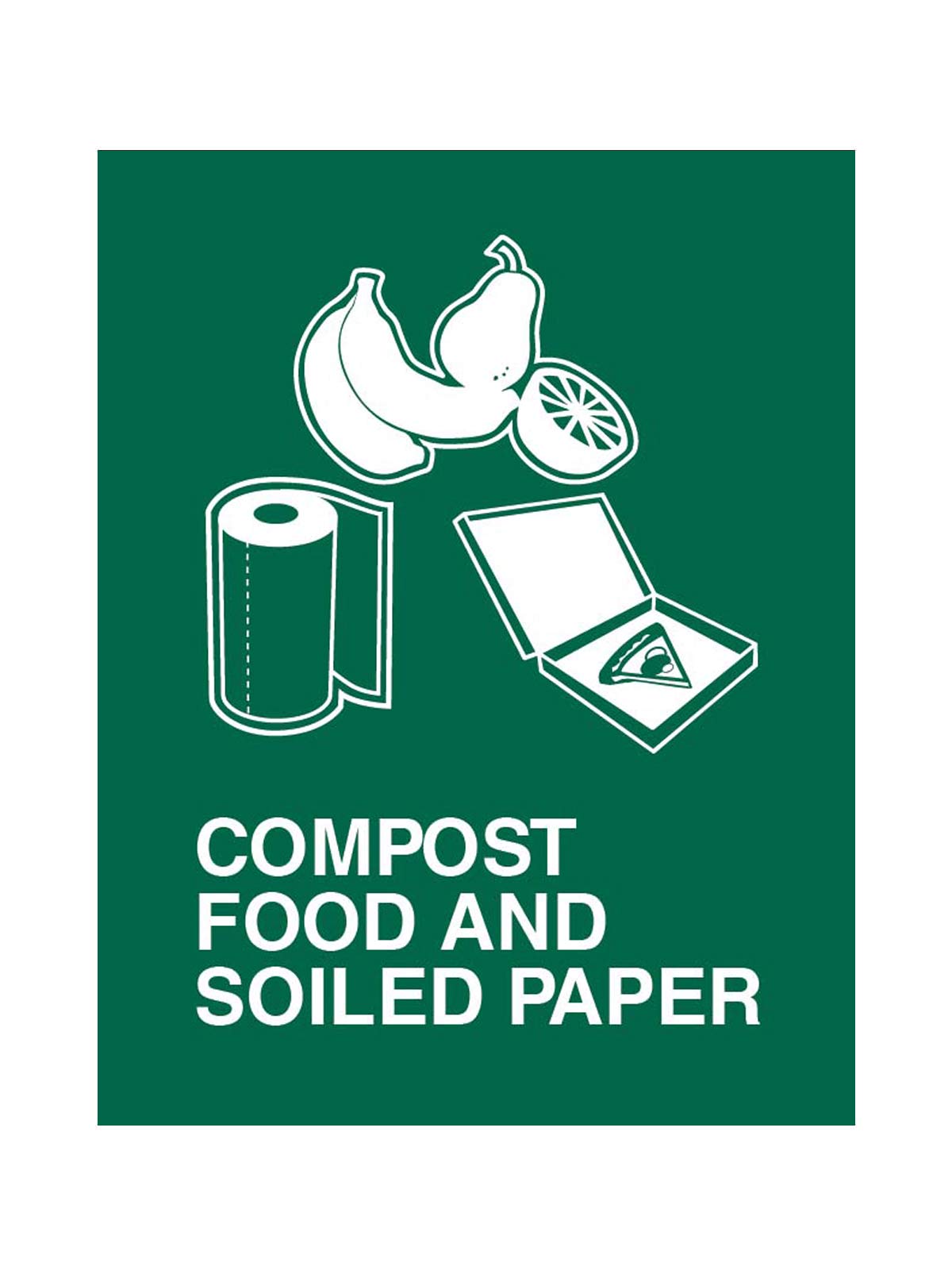 Illustration of fruits, towel roll, and pizza box on green background.