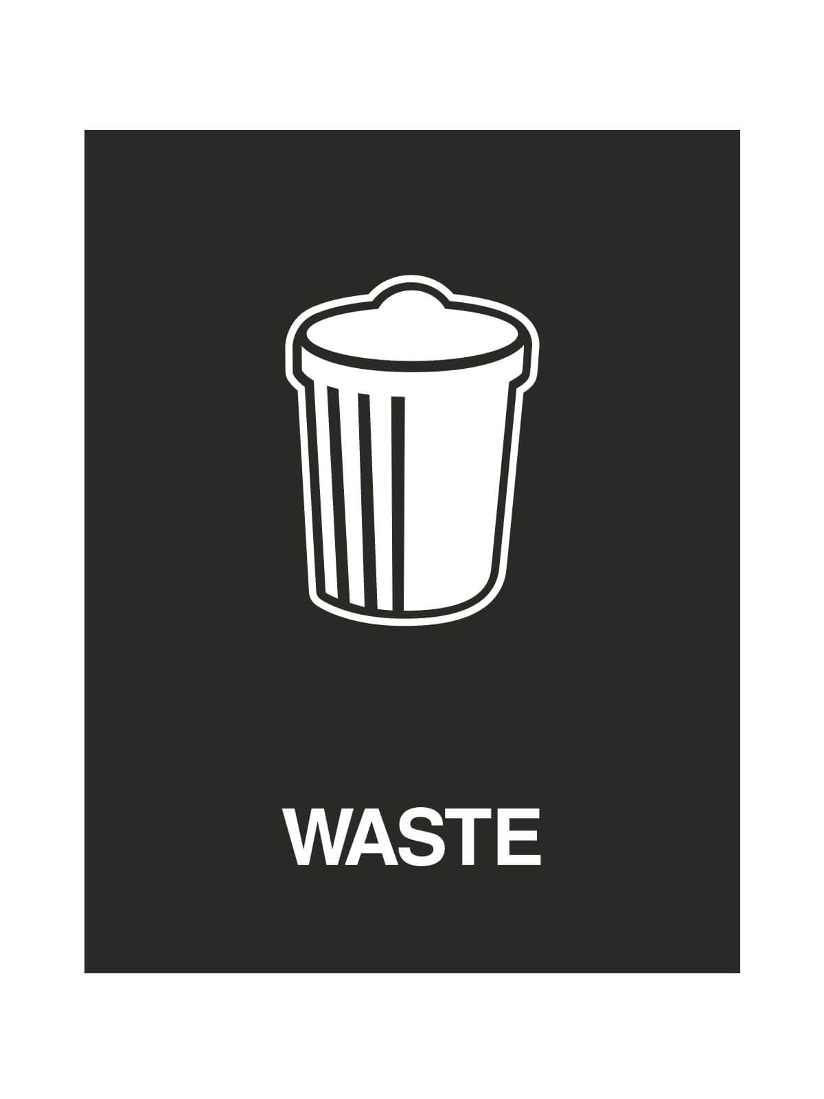 Illustration of trash can in white against black background.