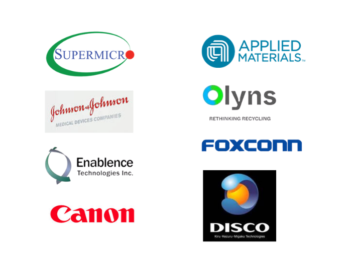 Logos of technology, manufacturing, and engineering companies.