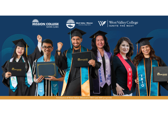 Six smiling Mission College and West Valley College graduates dressed in black caps and gowns, wearing academic stoles representing TRIO, Transfer, and AAPI programs, hold diploma covers against a blue branded background. A bottom caption reads: "Graduates of West Valley-Mission’s TRIO and MSI programs.