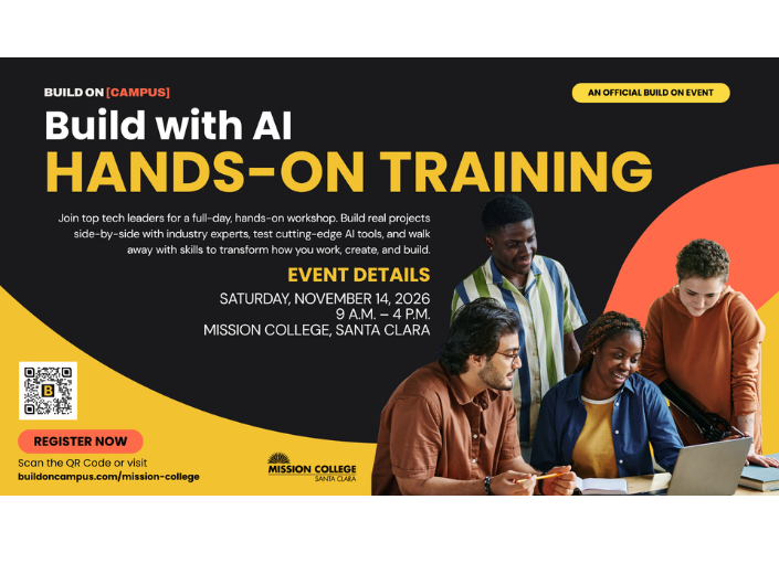 Promotional flyer for Build with AI Hands-On Training at Mission College on Saturday, November 14, 2026, from 9 a.m. to 4 p.m., showing students collaborating around a laptop with event details and a registration link.