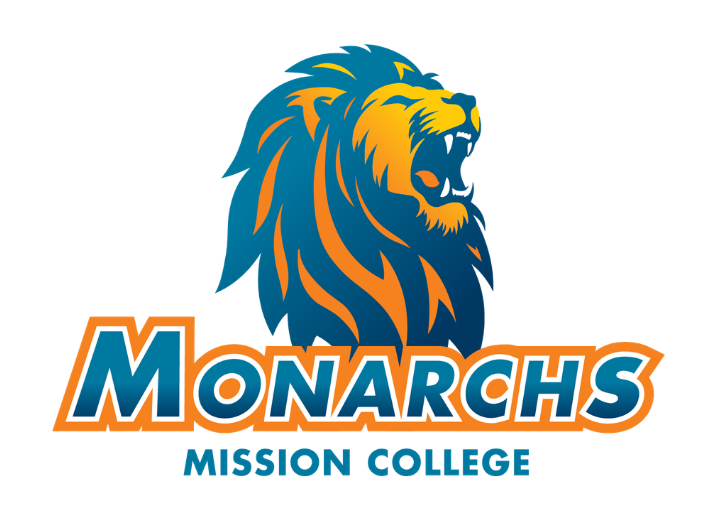 Mission College Monarchs athletics logo featuring a stylized roaring lion in teal and orange above bold “Monarchs” lettering, with a video play button overlay