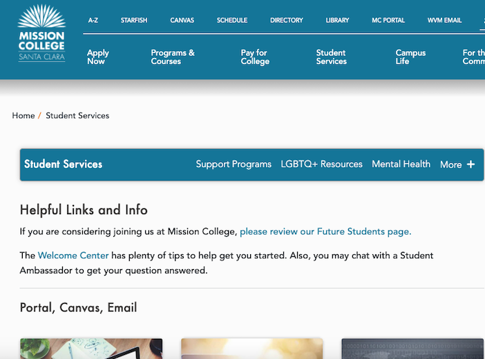 A screenshot of the Student Services webpage. It reads 